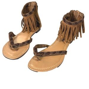 Minnetonka Brown Suede Fringe Beaded Sandal Size 7 Boho Western Ankle Strap Flat
